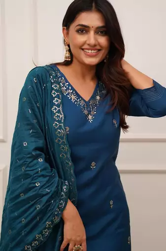 blue viscose chanderi kurta pant set with dupatta