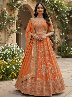 orange georgette embroidered lehenga choli 1