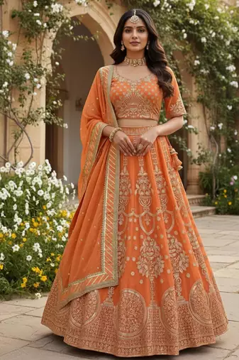 orange georgette embroidered lehenga choli