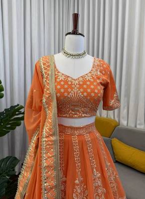 orange georgette embroidered lehenga choli 2
