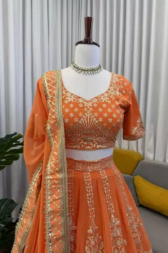 orange georgette embroidered lehenga choli