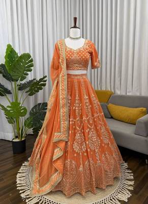 orange georgette embroidered lehenga choli 3