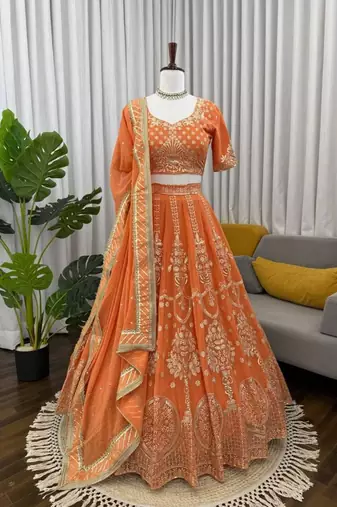 orange georgette embroidered lehenga choli