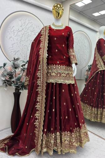 maroon silk embroidered lehenga choli