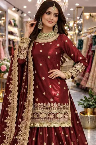 maroon silk embroidered lehenga choli