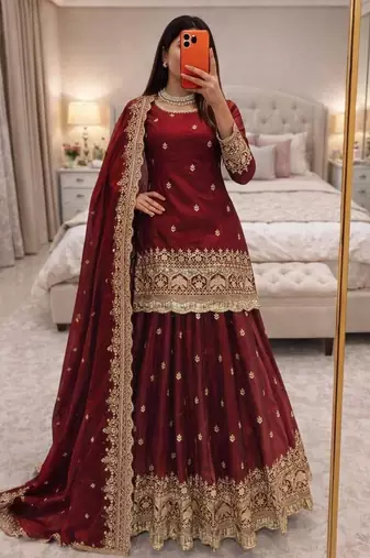 maroon silk embroidered lehenga choli