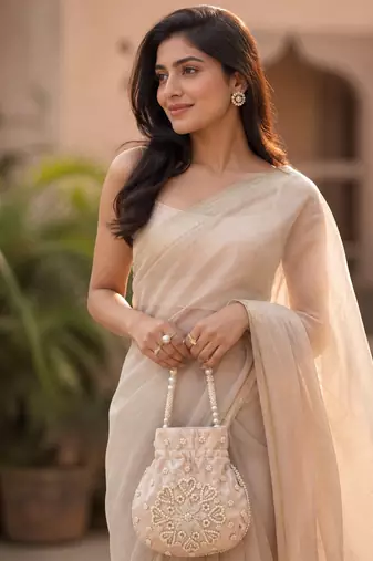peach pearl embroidered potli bag 