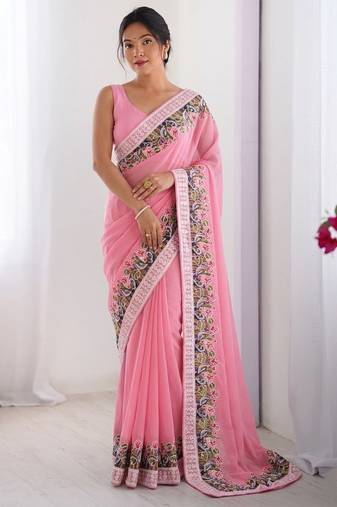 Peach Designer Fancy Embroidered Floral Border Saree