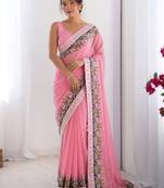 Peach Designer Fancy Embroidered Floral Border Saree