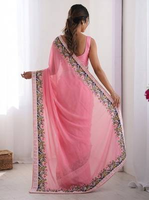 Peach Designer Fancy Embroidered Floral Border Saree 2