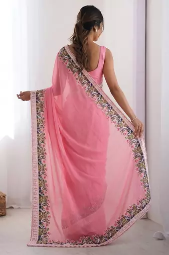 Peach Designer Fancy Embroidered Floral Border Saree
