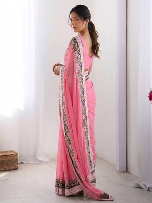 Peach Designer Fancy Embroidered Floral Border Saree 3