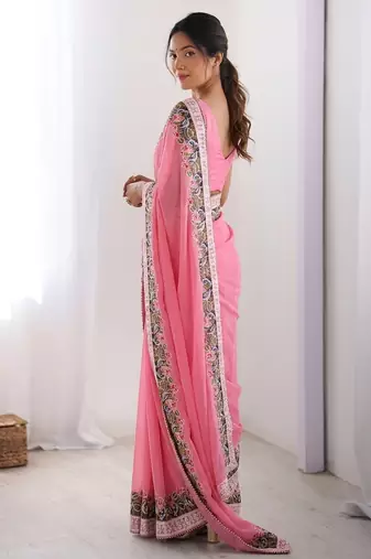 Peach Designer Fancy Embroidered Floral Border Saree