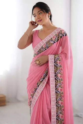 Peach Designer Fancy Embroidered Floral Border Saree