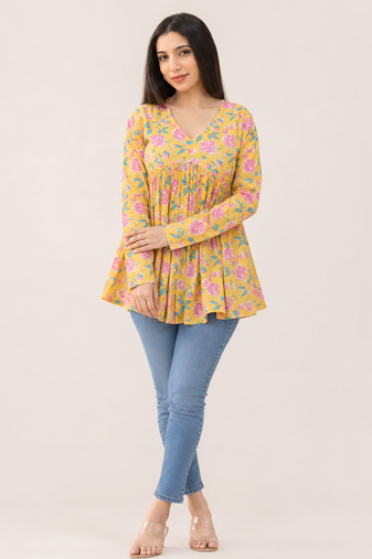 floral printed short kurti for women | cotton blend a-line tunic top