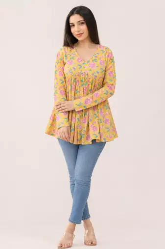 floral printed short kurti for women | cotton blend a-line tunic top