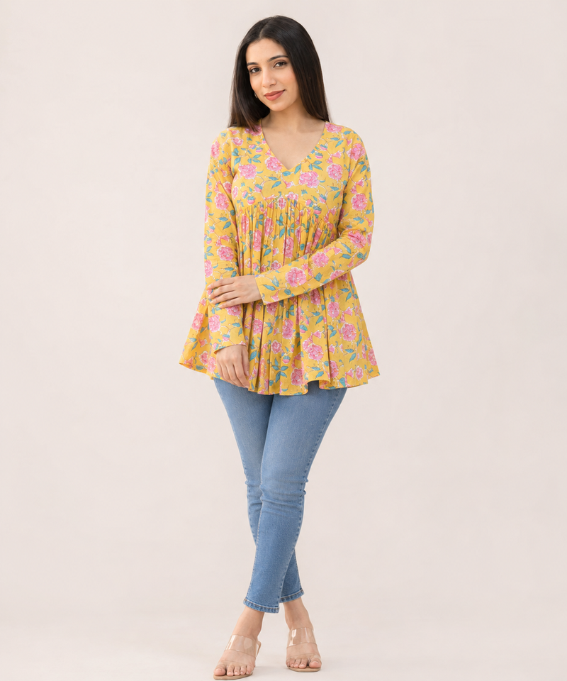 floral printed short kurti for women | cotton blend a-line tunic top