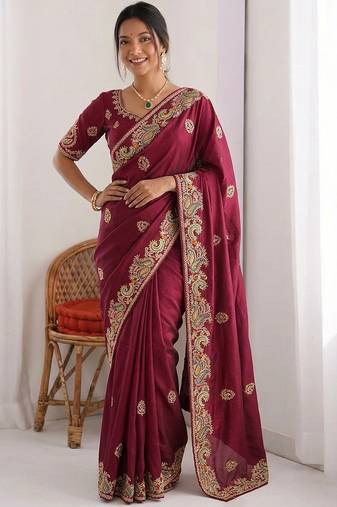 Maroon Designer Fancy Embroidered Paisley Border Saree