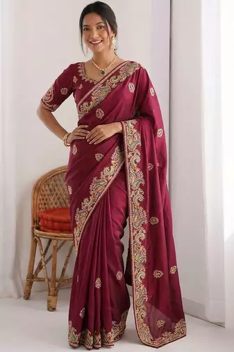 Maroon Designer Fancy Embroidered Paisley Border Saree