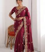 Maroon Designer Fancy Embroidered Paisley Border Saree