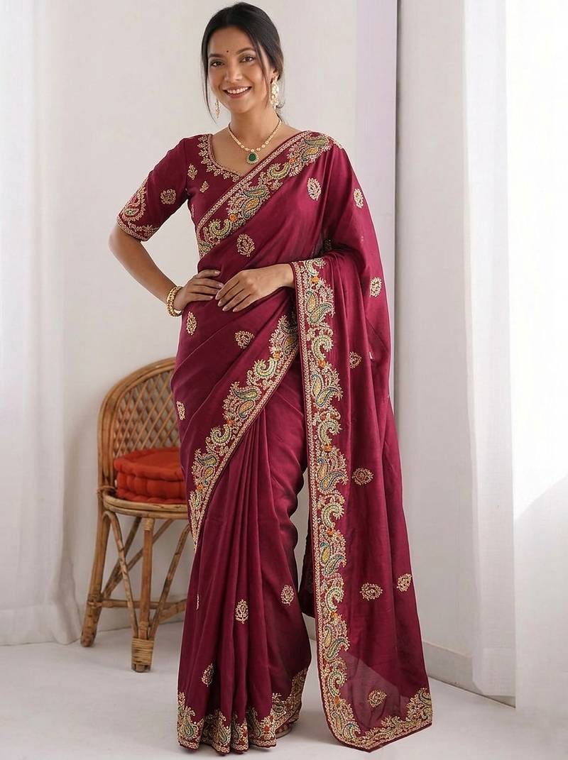 Maroon Designer Fancy Embroidered Paisley Border Saree