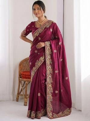 Maroon Designer Fancy Embroidered Paisley Border Saree 2