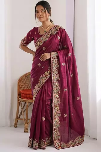 Maroon Designer Fancy Embroidered Paisley Border Saree
