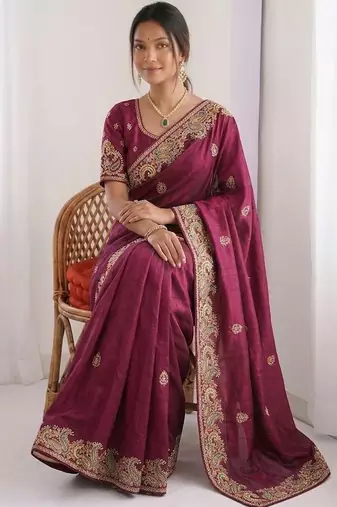 Maroon Designer Fancy Embroidered Paisley Border Saree