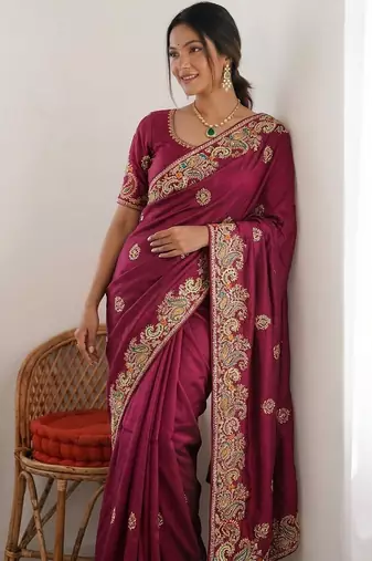 Maroon Designer Fancy Embroidered Paisley Border Saree