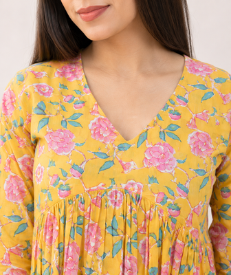 Anushil floral printed short kurti for women | cotton blend a-line tunic top | v-neck gathered top 2