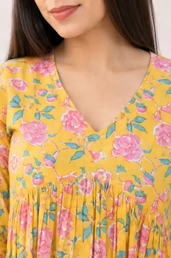 Anushil floral printed short kurti for women | cotton blend a-line tunic top | v-neck gathered top