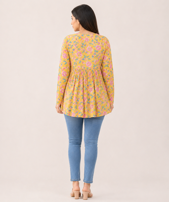 Anushil floral printed short kurti for women | cotton blend a-line tunic top | v-neck gathered top 3