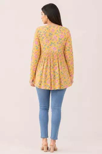 Anushil floral printed short kurti for women | cotton blend a-line tunic top | v-neck gathered top