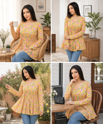 Anushil floral printed short kurti for women | cotton blend a-line tunic top | v-neck gathered top 4