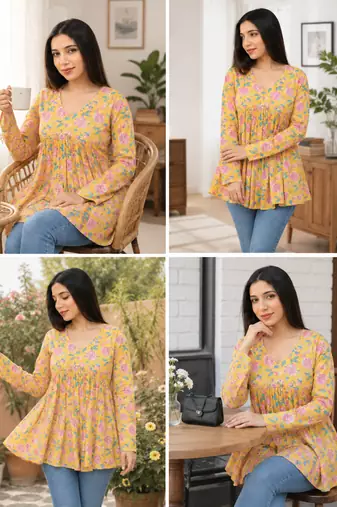 Anushil floral printed short kurti for women | cotton blend a-line tunic top | v-neck gathered top