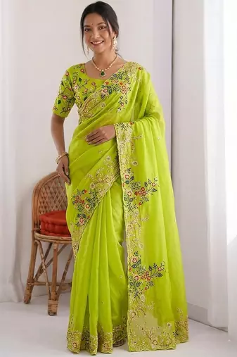 Lime Green Designer Fancy Floral Embroidered Saree