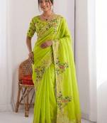 Lime Green Designer Fancy Floral Embroidered Saree