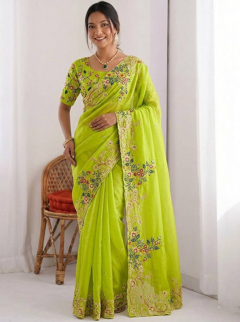 Lime Green Designer Fancy Floral Embroidered Saree