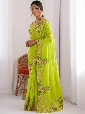 Lime Green Designer Fancy Floral Embroidered Saree 2