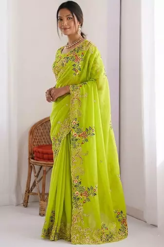 Lime Green Designer Fancy Floral Embroidered Saree