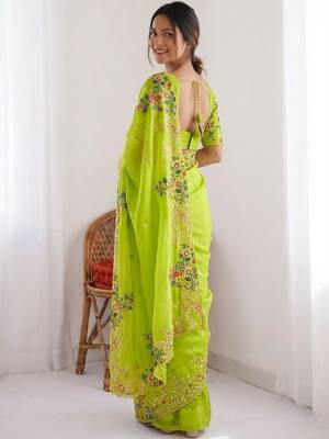 Lime Green Designer Fancy Floral Embroidered Saree 3
