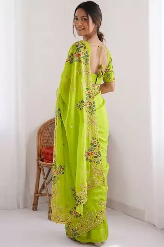 Lime Green Designer Fancy Floral Embroidered Saree