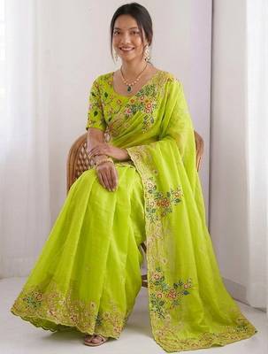 Lime Green Designer Fancy Floral Embroidered Saree 4