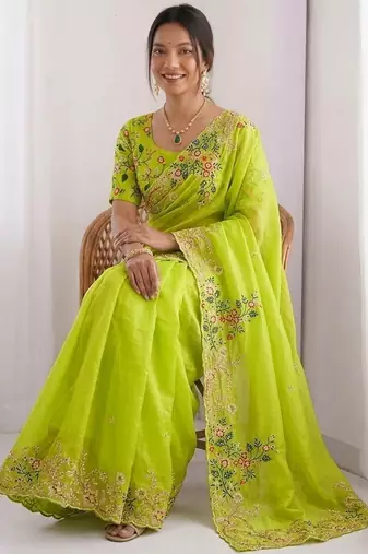 Lime Green Designer Fancy Floral Embroidered Saree