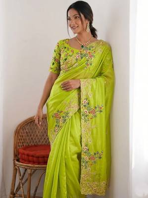 Lime Green Designer Fancy Floral Embroidered Saree 5