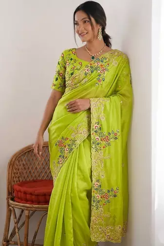 Lime Green Designer Fancy Floral Embroidered Saree
