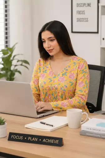 Anushil floral printed short kurti for women | cotton blend a-line tunic top | v-neck gathered top