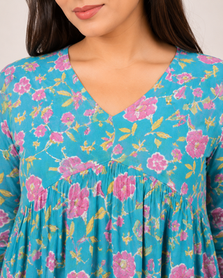 Anushil floral printed short kurti for women | cotton blend a-line tunic top | v-neck gathered top 2