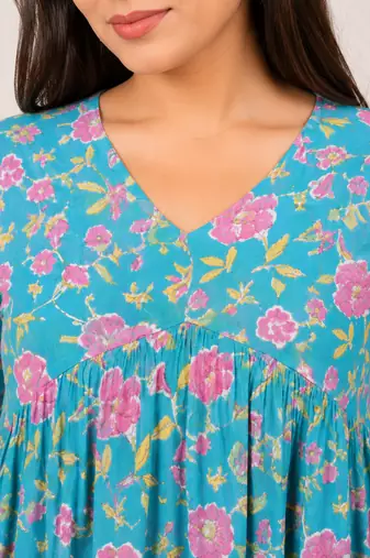 Anushil floral printed short kurti for women | cotton blend a-line tunic top | v-neck gathered top