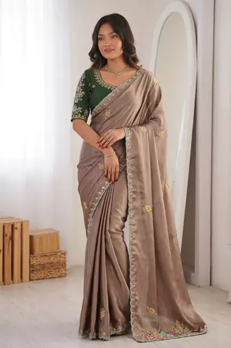 Brown Designer Fancy Embroidered Border Saree